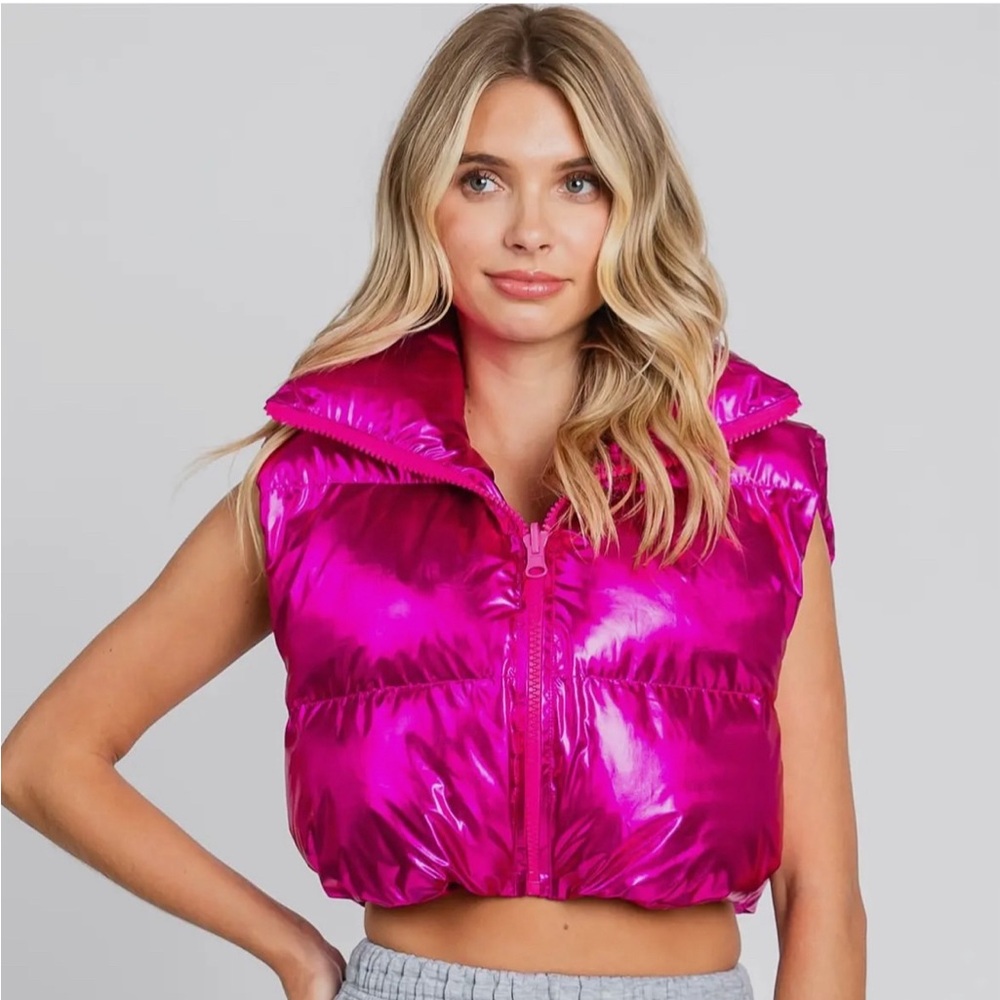 Pink Metallic Cropped Puffer Vest